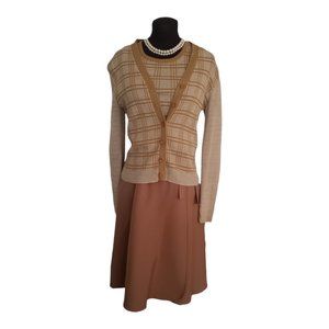 Vintage 60's Skirt Set With Matching Vest & Cardigan Butterscotch Plaid